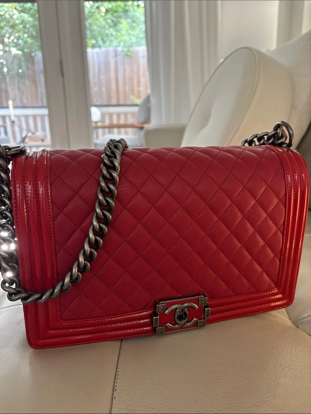 CHANEL Boy Red Quilted Leather Shoulder Bag with Chain Strap- Medium